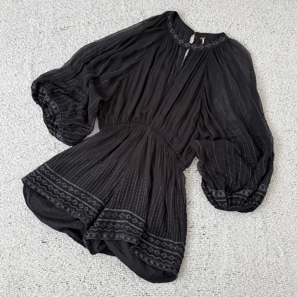 Black Women's Long Sleeve Romper with Embroidered Detail